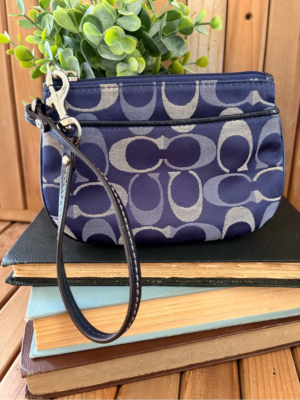 Coach Signature Canvas Y2K Wristlet in Navy and Silver